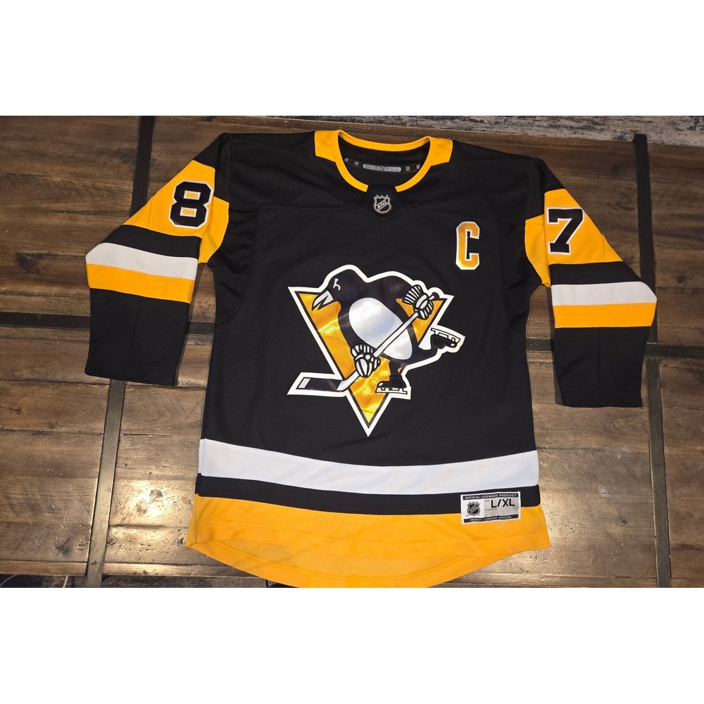 NHL Pittsburgh Penguins Sidney Crosby 87 Jersey Black Gold L/XL Captain C Patch